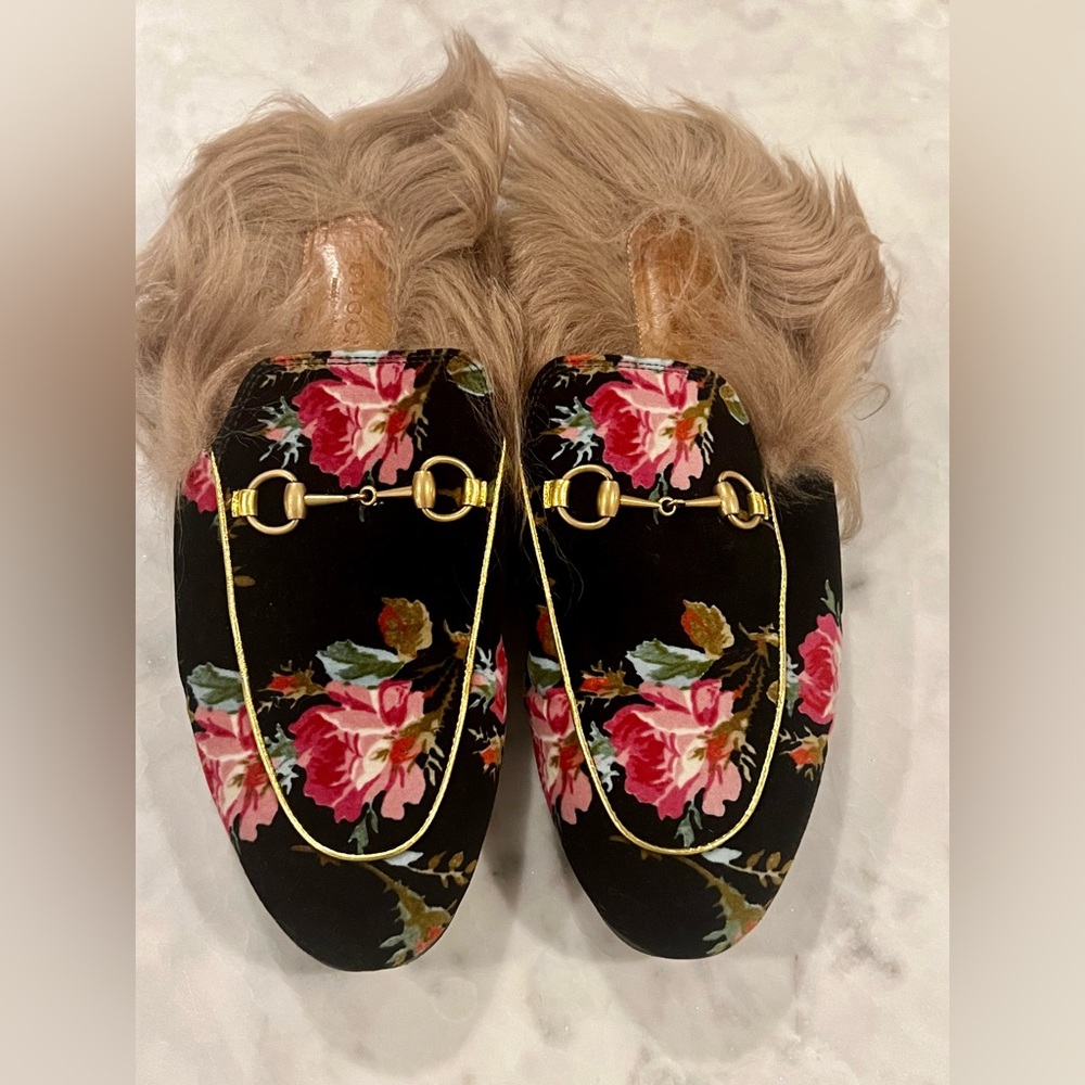 GUCCI Princeton Velvet Floral Fur Lined slipper/slides Size 39+ Very Nice!